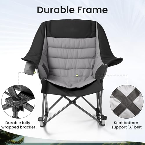 Oversized Foldable Rocking Camping Chair with Cup Holder & Side Pocket - Black & Gray
