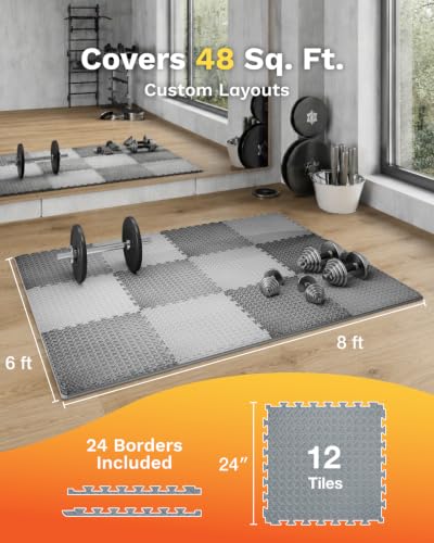 AIRHOP Black & Gray 0.79-Inch Thick Interlocking Foam Gym Mats 48 Sq Ft