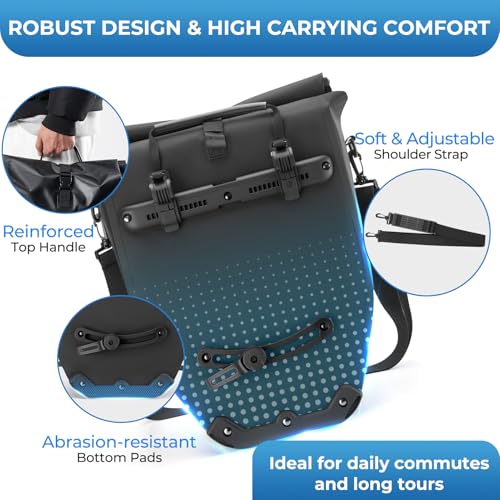 Waterproof Bike Panniers 20L Roll-Top Quick-Release 3-in-1 Bag - Black x2