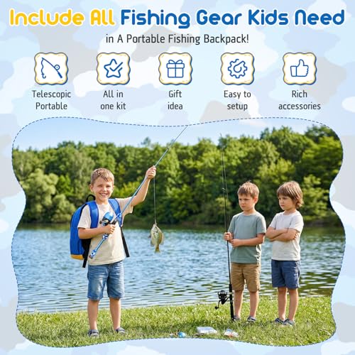 Kids Telescopic Fishing Pole Kit with Backpack, Tackle & Accessories - Blue, 4.92 ft