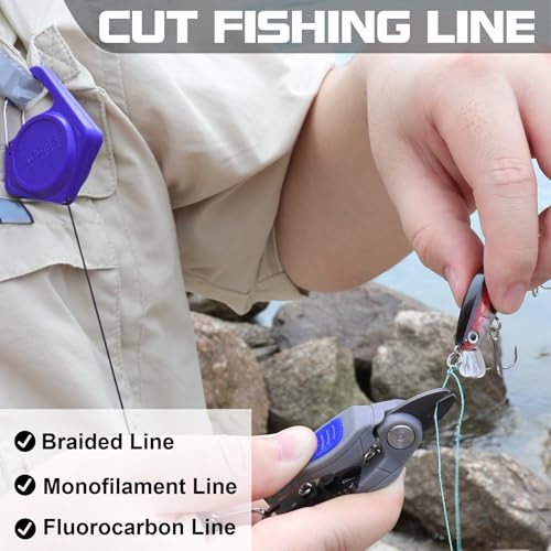 Blue Fishing Line Cutter with Retractor - Saltwater Serrated Shears for Braided Fluoro Line, Hook Eye Cleaner