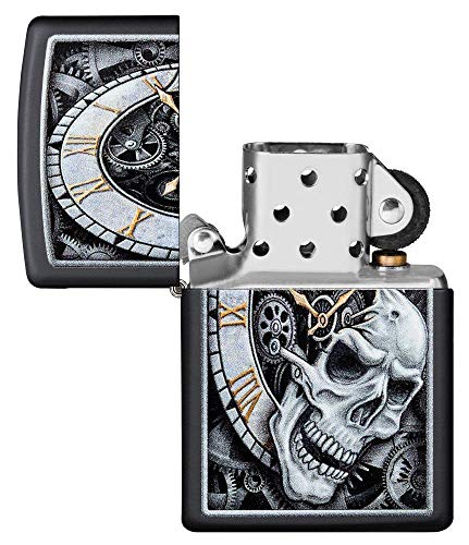 Zippo Skull Clock Design Black Matte Pocket Lighter - Black Ice Rib Cage Variation