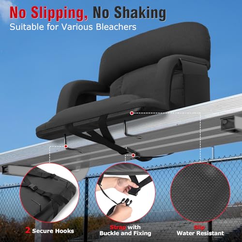Black Suteck Stadium Seat with Back Support 23" Wide, Portable Bleacher Chair