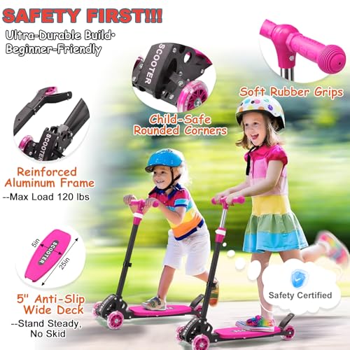 Kids Light-Up 3-Wheel Kick Scooter for Boys & Girls - Pink, Adjustable Handlebar, Foldable, Safe Ride for Ages 2-7