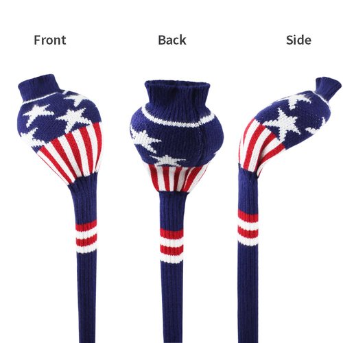 Scott Edward Knitted Golf Club Cover Long Full Coverage Golf Club Cover Set of 3 Fits Well Driver(460cc) Fairway Wood and Hybrid(UT) Golf Club Protector for Male/Female on Blue Star Stripe Style