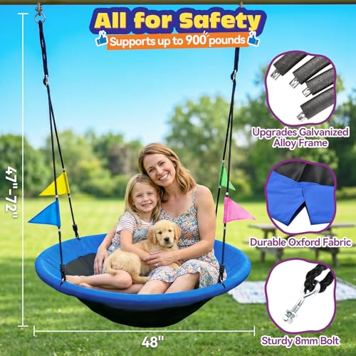 48 Inch Saucer Tree Swing with Detachable Pillow for Outdoor Backyard - Blue