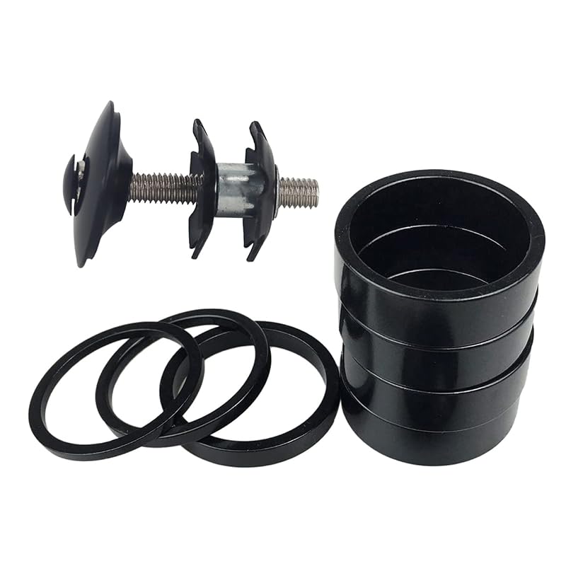 1-1/8 Inch Aluminium Bicycle Headset Spacer with Stem Top Cap, Includes Star Nut (Black) - 7 Pieces