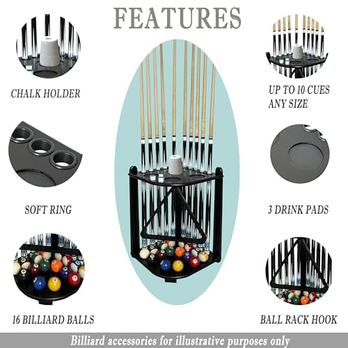 GACCO BILLIARDS Corner Pool Cue Rack Black – Holds 10 Cues & Accessories