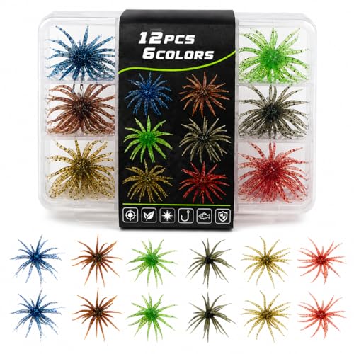 12PCS Soft Fishing Lure Set with Fuzzy Dice & Urchin Baits - 3.54 Inch, Clear Tackle Case Included