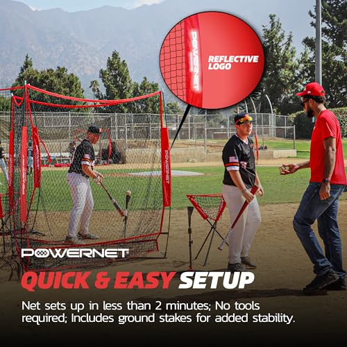PowerNet Red Triple Threat Baseball & Softball Training Net - 3 Station Batting, Pitching & Hitting Practice, 7' x 7' Collapsible Net