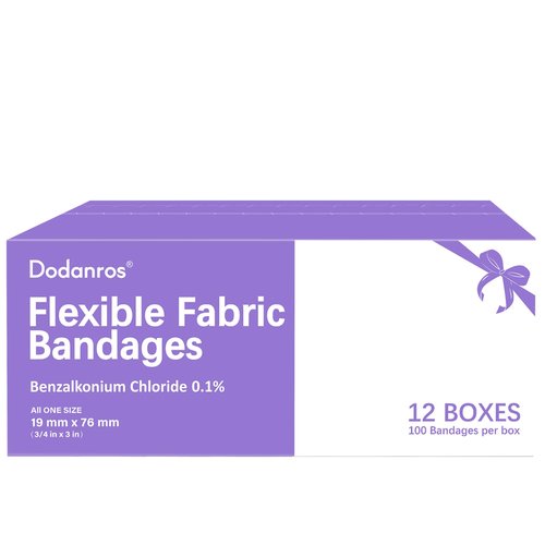 Dodanros Bulk Case of 1200 PCS Flexible Fabric Bandages, 3/4" x 3",Individual 12 Box Packaging,Include 0.1%Benzalkonium,Sterile, Breathable | Use for School, Hospital, Businesses, and First Aid Kits.