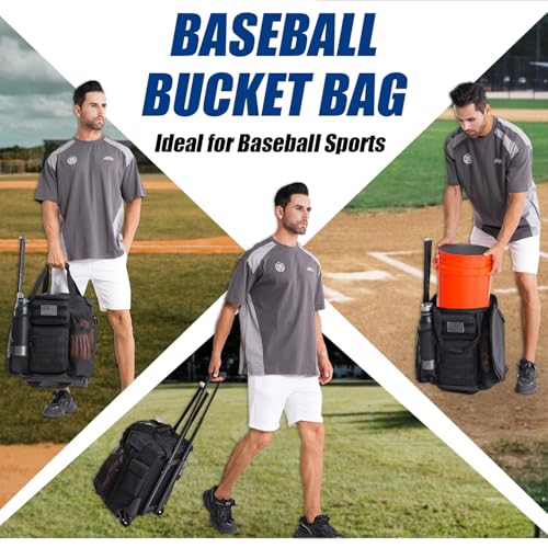 SunForMorning Black Baseball Bucket Bag with Wheels for Coaches, Fits 6 Gallon Bucket