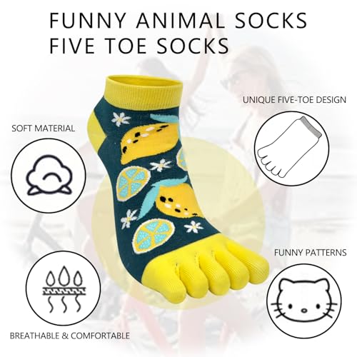 Women's Multicolor Funny Toe Socks - Five Finger Low Cut Cartoon Cotton Running Ankle Socks