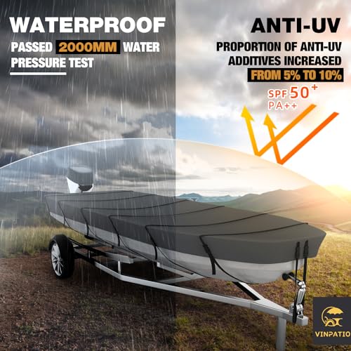 VINPATIO 10-12ft Flat Bow Jon Boat Cover Waterproof Heavy Duty UV Fade Resistant Grey