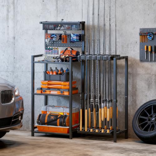 Freexployer Black Fishing Rod Holders for Garage with 3-Tier Shelves & Storage