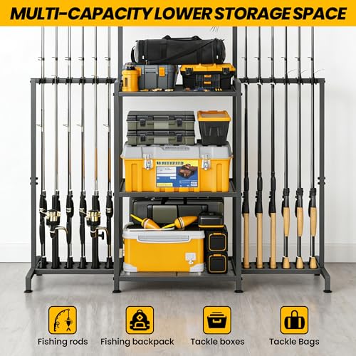 YQSLYSF Upgraded Fishing Rod Holder for Garage - Holds 24 Poles & Tackle Gear Organizer