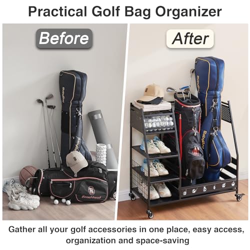 Lauren & Harold Black Golf Bag Organizer Stand for Garage Storage - Fits 2 Golf Bags