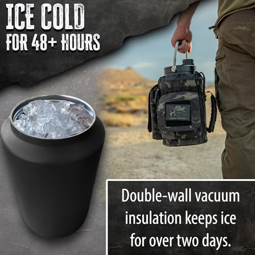 Iron Infidel 128oz Insulated Water Bottle with Camo Sleeve & Dual Handles - Tactical Hydration Jug