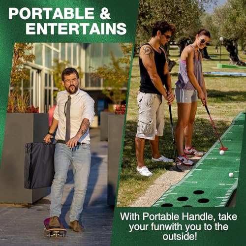 EVA Indoor Putting Green Mat with 2 Adjustable Golf Putters - Portable Practice Set