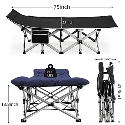 Fragess Blue Portable Camping Cot for Adults, 28-Inch Extra Wide Heavy Duty Foldable Bed with Mattress, Supports 600LBS