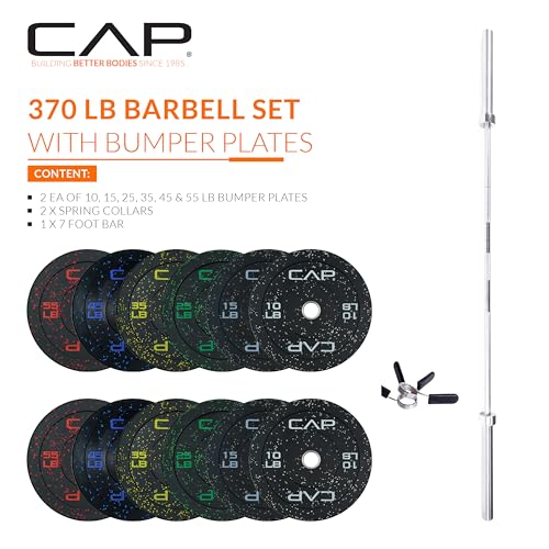 CAP Barbell Olympic Weight Set with 7ft Bar & 370 lb Speckled Bumper Plates - Economy Edition