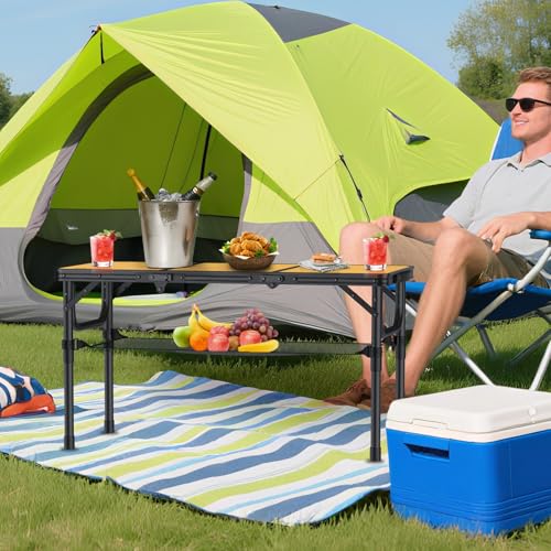 Foldable Camping Table 3ft with Storage Net & Bag - Light Oak Grain