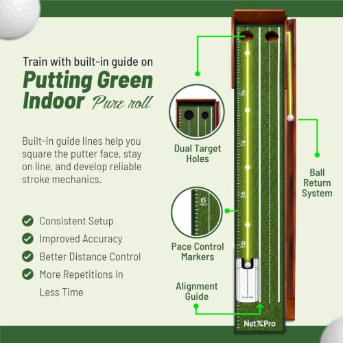 Indoor Golf Putting Mat 10ft with Auto Ball Return, 2 Holes & Wood Frame