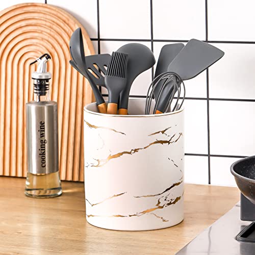 7.2-Inch Marble Utensil Holder - Large White & Gold Kitchen Organizer