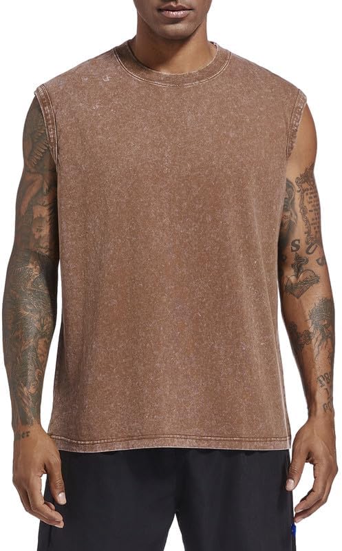 Wrenpies Men's Cotton Workout Tank Top - Sleeveless Acid Wash Muscle Shirt | Loose Fit Gym Tee