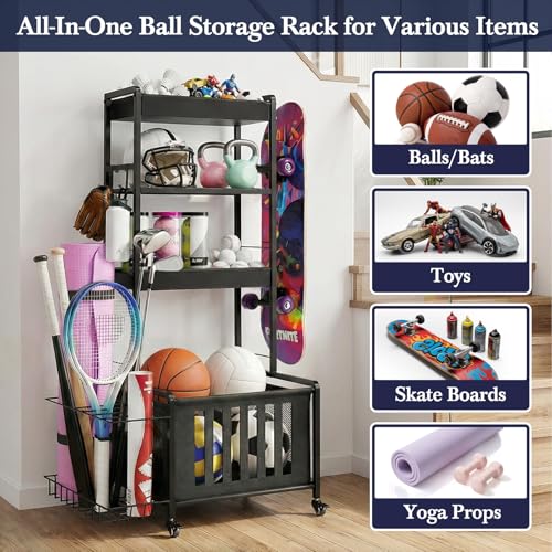 Faesun Small Sports Equipment Organizer - 4-Tier Ball & Gear Storage Cart with Wheels