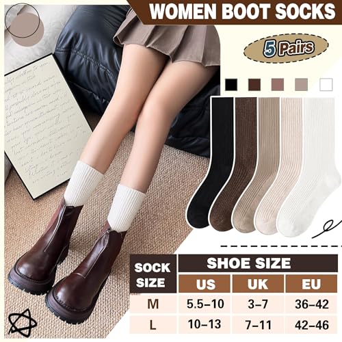 Women Merino Wool Slouch Boot Socks 5 Pairs - Large White Khaki Black Thermal Cozy Winter