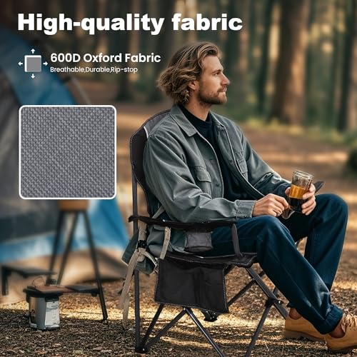 LET'S CAMP Heavy Duty Oversized Folding Camping Chair 2-Pack Black & Grey
