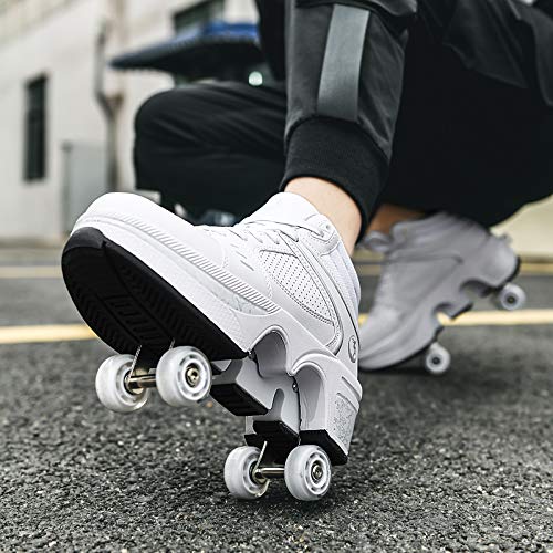 Wedsf White High-Top 2-in-1 Deform Roller Skates with Removable Pulleys, Size 7.5