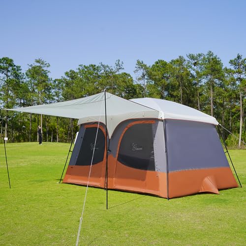 Vidalido Orange Family Camping Tent with Extended Vestibule, Waterproof & Breathable Mesh Windows