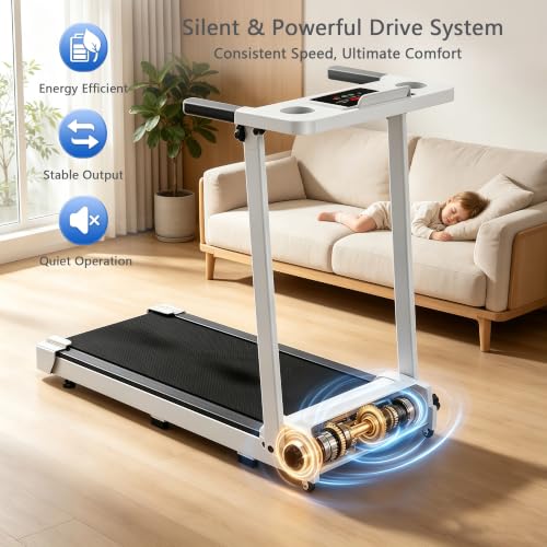 White Walking Pad Treadmill with 8% Incline, Handle Bar & Remote Control