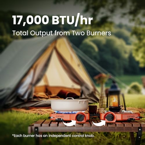 Orange Propane Double Burner Camping Stove with Carrying Bag - Portable Folding Gas Stove for Outdoor Cooking