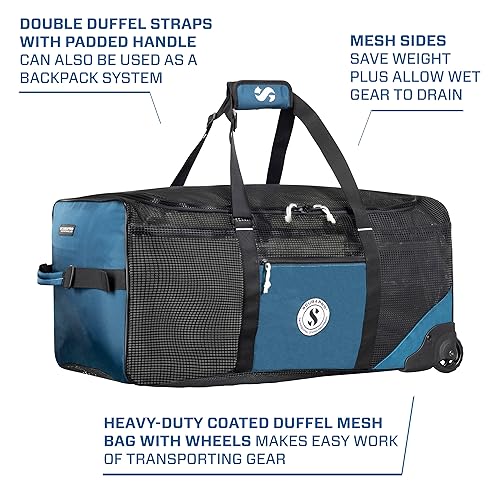 Diving Gear Duffel Bag with Wheels Mesh & Backpack Straps - 100L Blue
