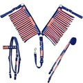 Patriotic American Flag Horse Tack Set - Full Size Double Layer Nylon Headstall Reins & Breast Collar with Fringes - Red, White, Blue