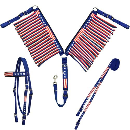 Patriotic American Flag Horse Tack Set - Full Size Double Layer Nylon Headstall Reins & Breast Collar with Fringes - Red, White, Blue