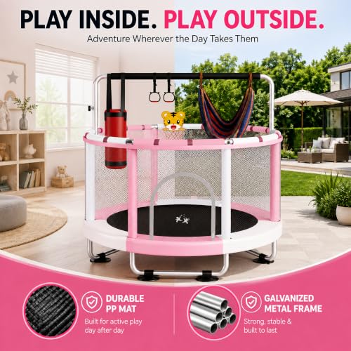 Pink & White 55-Inch Toddler Trampoline for Kids Ages 3-8 Indoor & Outdoor with Basketball & Accessories