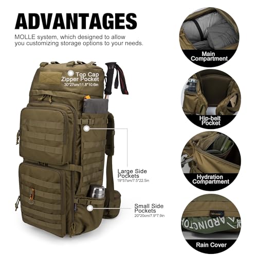 Mardingtop 75L Military Tactical Hiking Backpack Khaki with Hydration & MOLLE System