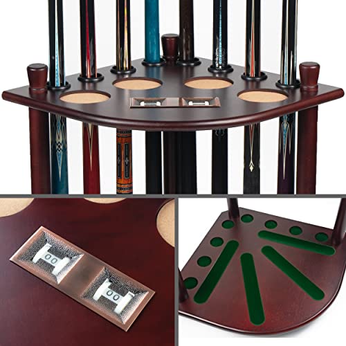 Mahogany Floor Pool Cue Holder Stand for 8 Cues and Accessories