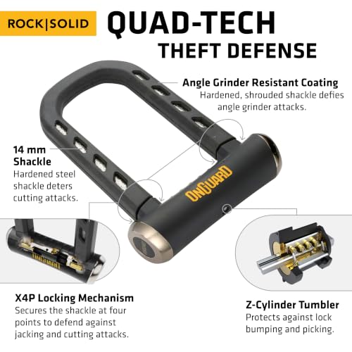 OnGuard RockSolid U-Lock 14mm Hardened Steel Bike Lock with Anti-Grind Coating