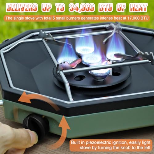 Portable 2-Burner Camping Stove with Windshield, 34000BTU Gas Burner, Foldable Outdoor Cooker