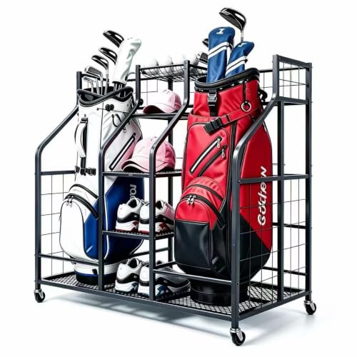 Heavy Duty Steel Golf Bag Storage Rack with Wheels & Accessories Shelf