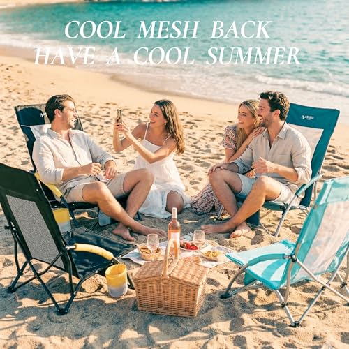 ARURU Black 2 Pack Folding Low-Back Beach Chairs with Cup Holders - Lightweight Portable Camping Chairs for Outdoors