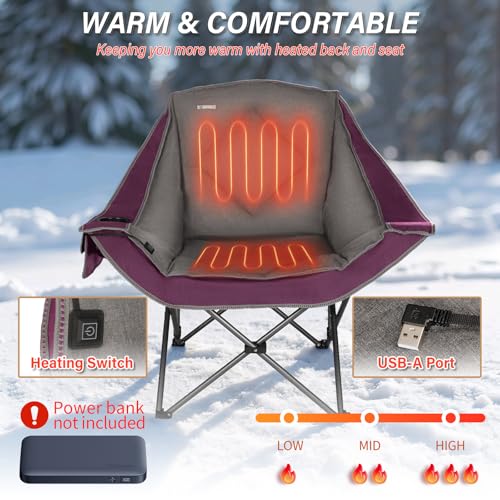 CAMPHILL Purple Heated Camping Chair with Padded Seat & Cup Holder - Oversized Folding Lawn Chair, Heavy Duty, Portable for Outdoor Use