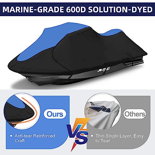 600D Waterproof Jet Ski Cover Fits 126-135 Inch 3 Seater - Blue & Black, Windproof & UV Protected