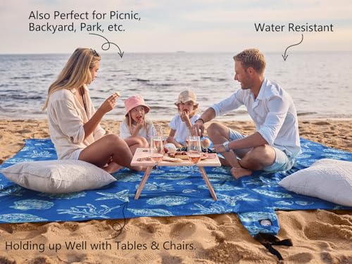 Oversized Waterproof Sandproof Beach Blanket with Stakes & Pockets - Blue Sea Shells, 9x8 ft