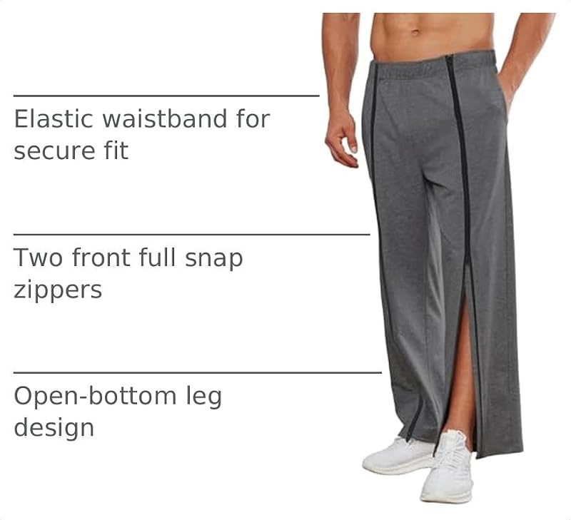 Men's Tear Away Full Zipper Sweatpants Open Bottom Post Surgery Dark Grey XL